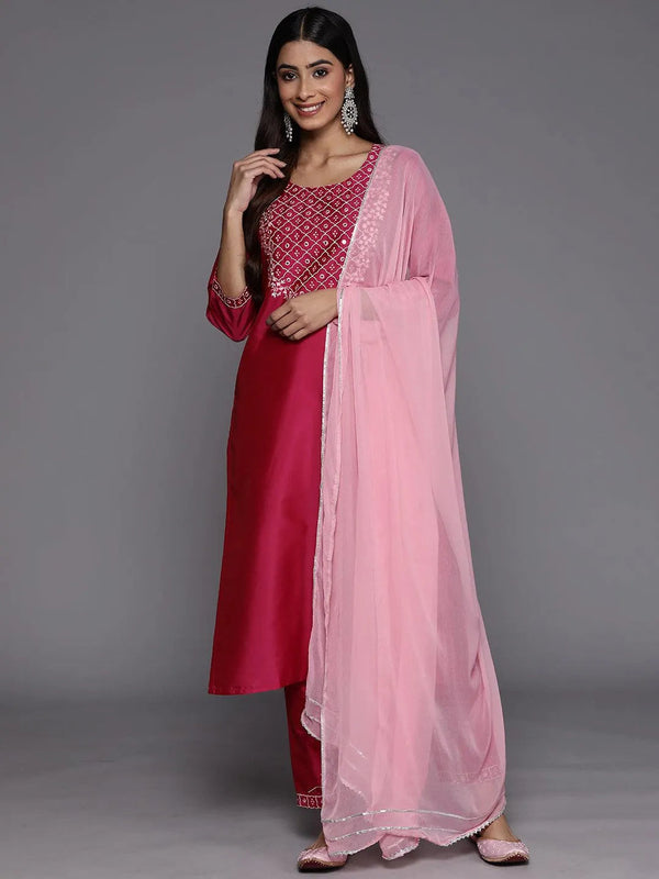 Pink Yoke Design Silk Blend Suit Set With Trousers - Jashvi