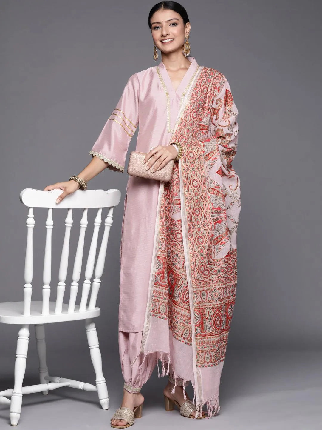 Pink Yoke Design Silk Blend Straight Suit Set - Jashvi