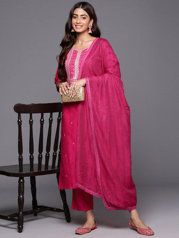 Pink Yoke Design Silk Blend Straight Kurta With Trousers & Dupatta - Jashvi