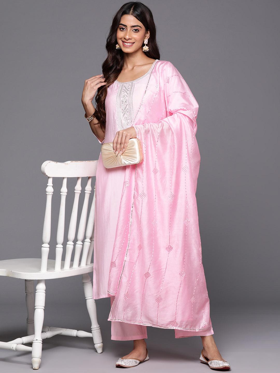 Pink Yoke Design Silk Blend Straight Kurta With Trousers & Dupatta - Jashvi