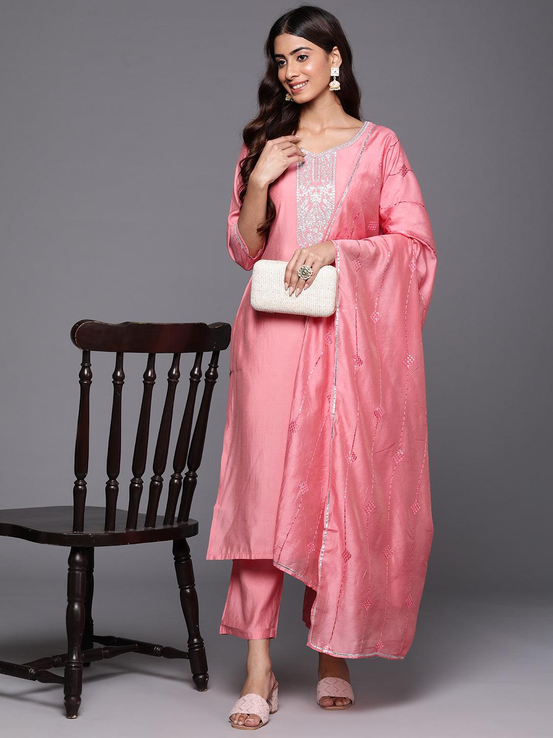 Pink Yoke Design Silk Blend Straight Kurta With Trousers & Dupatta - Jashvi