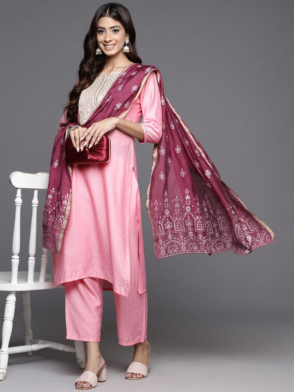 Pink Yoke Design Silk Blend Straight Kurta With Trousers & Dupatta - Jashvi