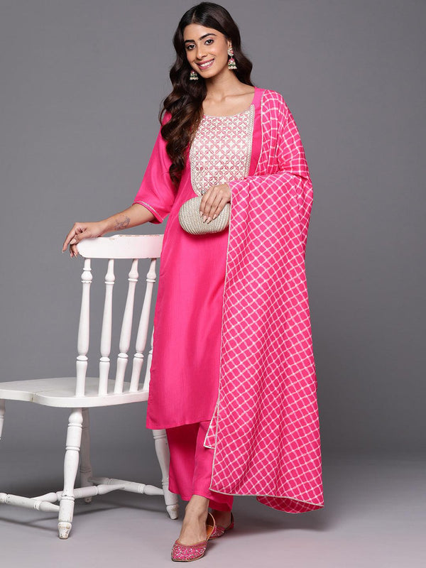 Pink Yoke Design Silk Blend Straight Kurta With Trousers & Dupatta - Jashvi