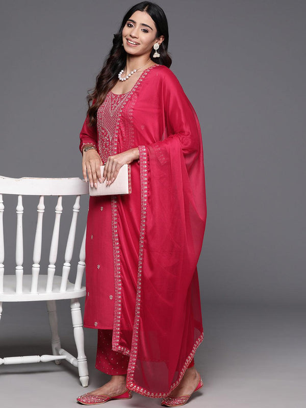 Pink Yoke Design Silk Blend Straight Kurta With Trousers & Dupatta - Jashvi