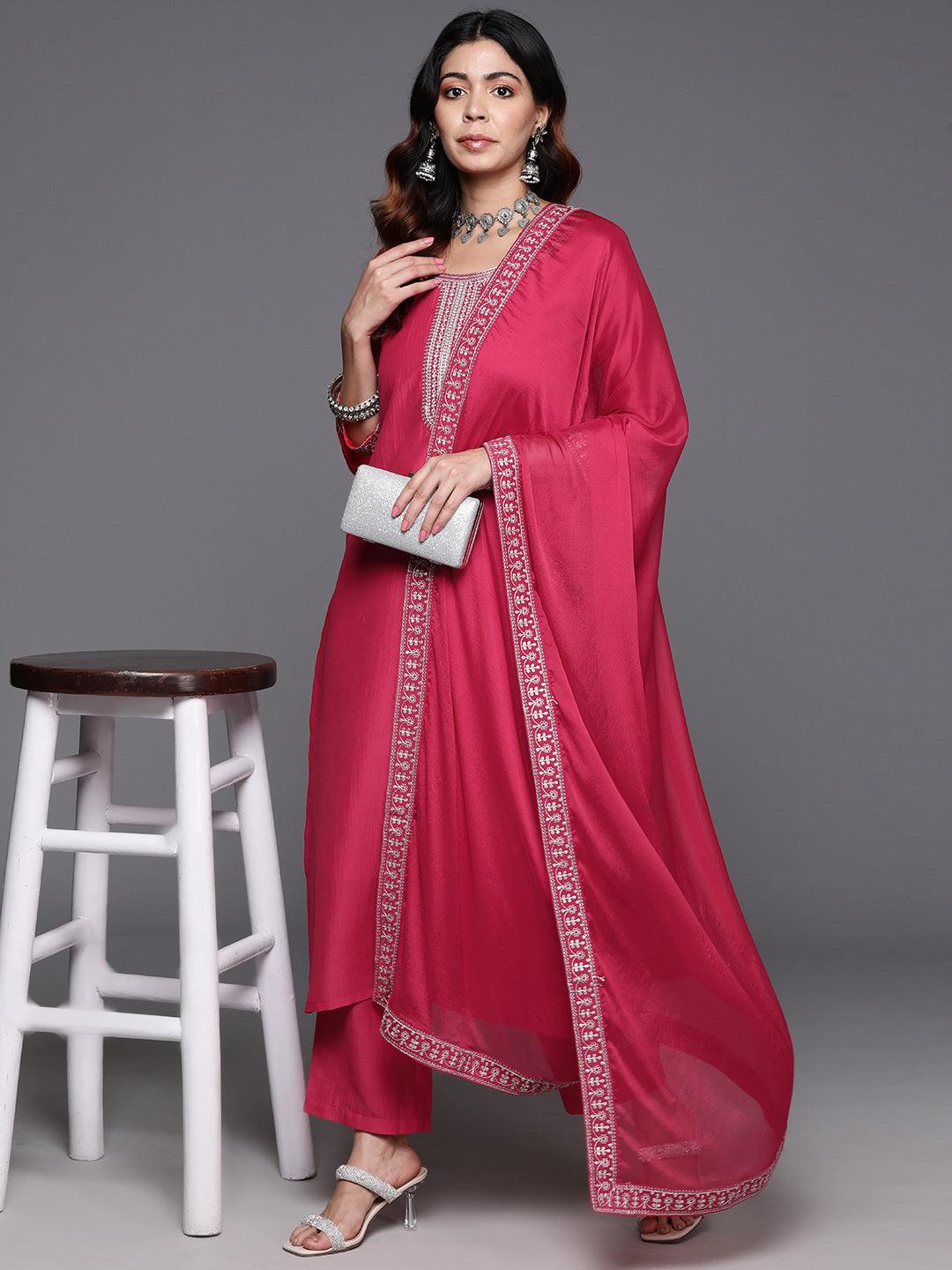 Pink Yoke Design Silk Blend Straight Kurta With Trousers & Dupatta - Jashvi