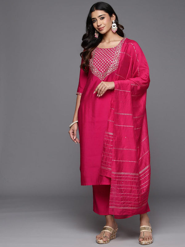 Pink Yoke Design Silk Blend Straight Kurta With Trousers & Dupatta - Jashvi