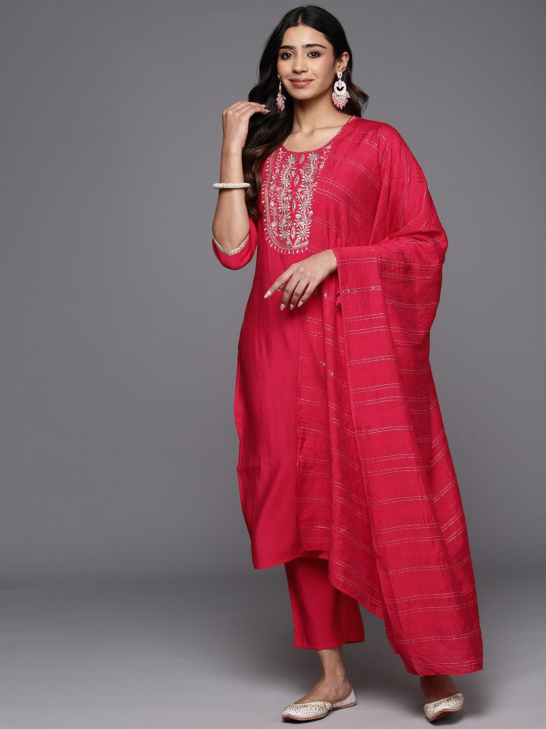 Pink Yoke Design Silk Blend Straight Kurta With Trousers & Dupatta - Jashvi