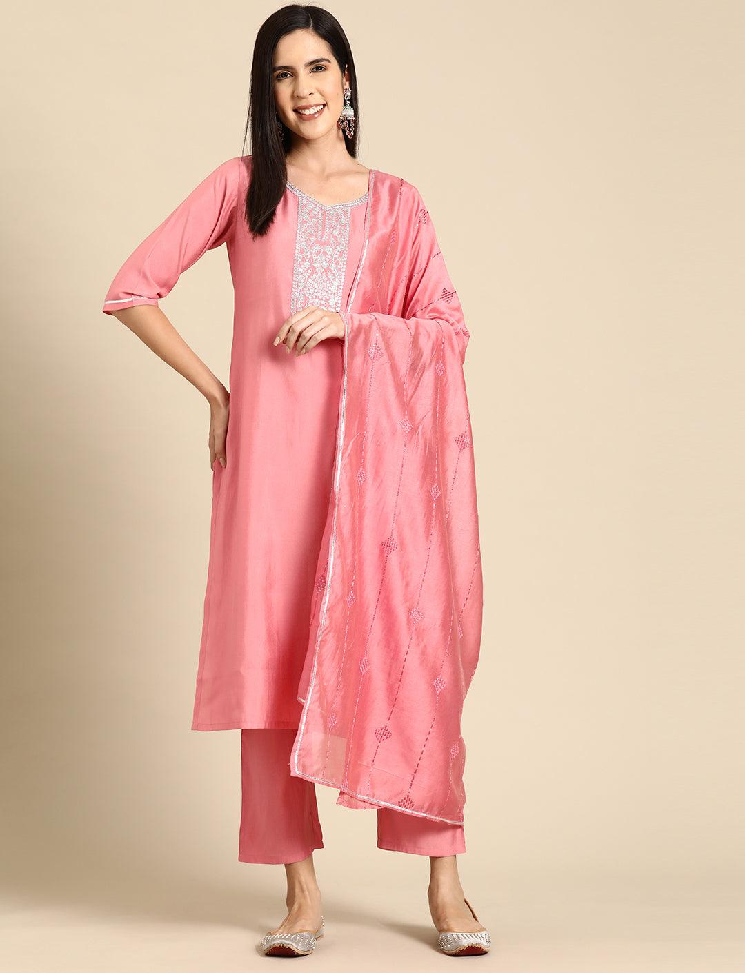 Pink Yoke Design Silk Blend Straight Kurta With Trousers & Dupatta - Jashvi