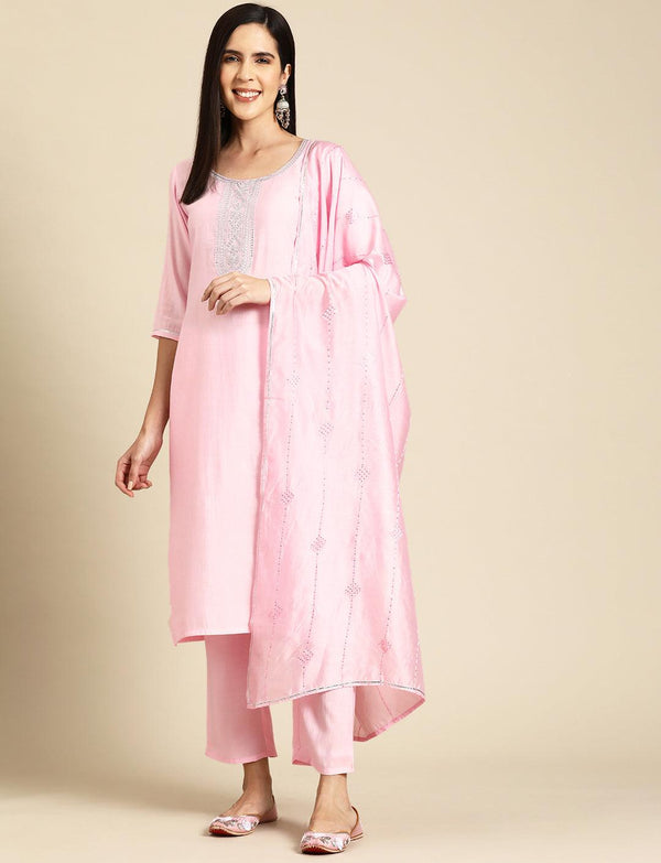 Pink Yoke Design Silk Blend Straight Kurta With Trousers & Dupatta - Jashvi