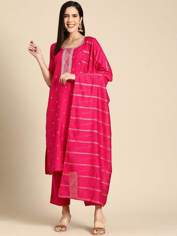 Pink Yoke Design Silk Blend Straight Kurta With Trousers & Dupatta - Jashvi