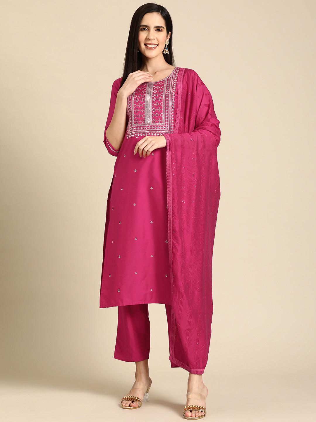 Pink Yoke Design Silk Blend Straight Kurta With Trousers & Dupatta - Jashvi