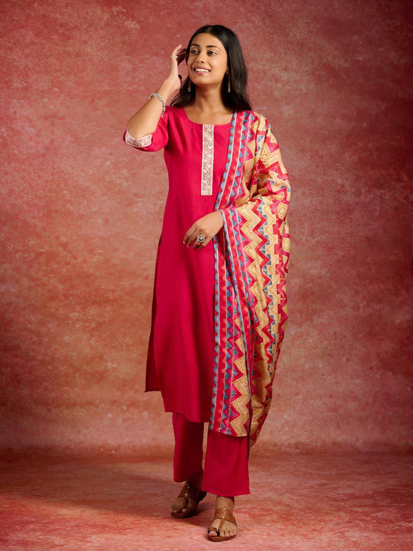 Pink Yoke Design Silk Blend Straight Kurta With Trousers & Dupatta - Jashvi