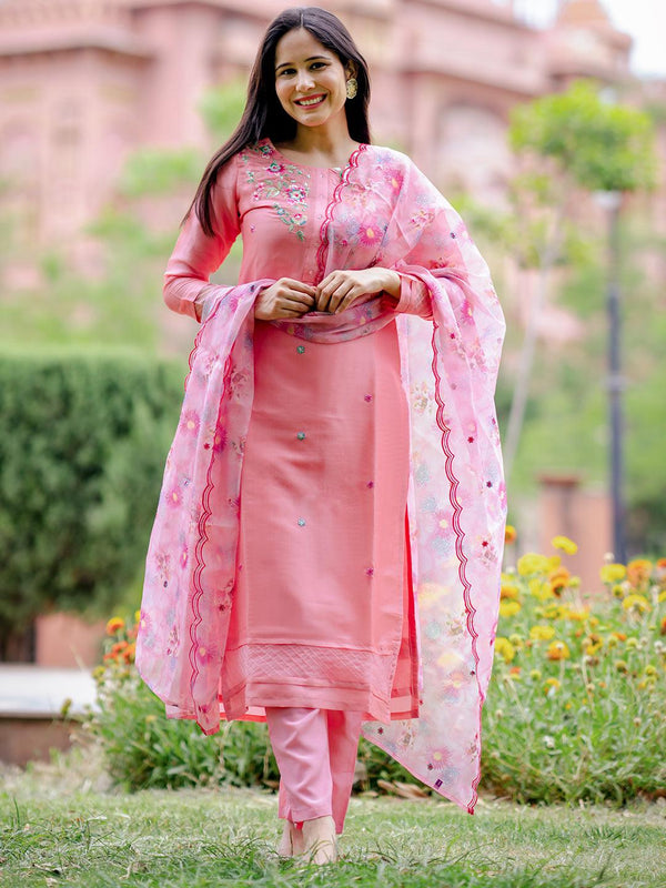 Pink Yoke Design Silk Blend Straight Kurta With Trousers & Dupatta - Jashvi