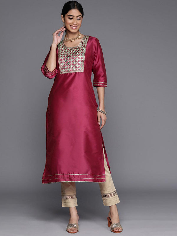 Pink Yoke Design Silk Straight Kurta - Jashvi