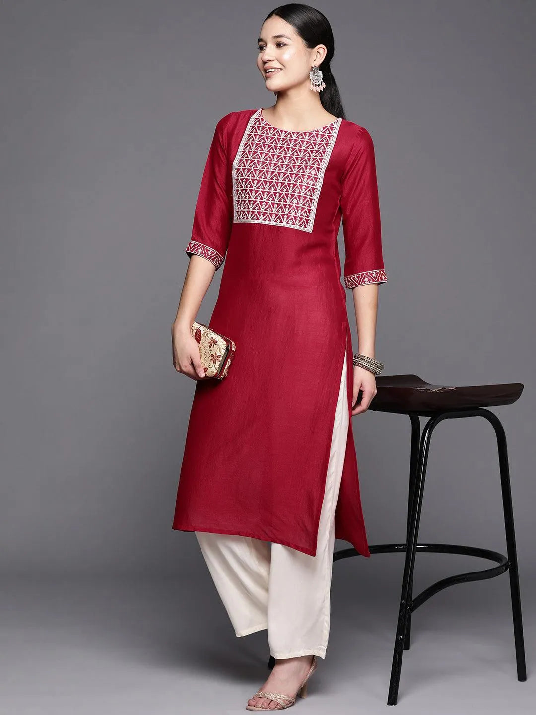 Pink Yoke Design Silk Straight Kurta - Jashvi