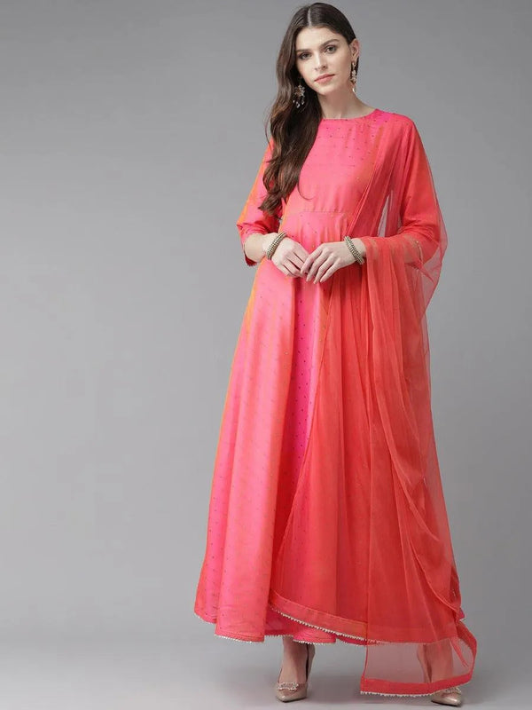 Pink Zari Work Chanderi Dress With Dupatta - Jashvi