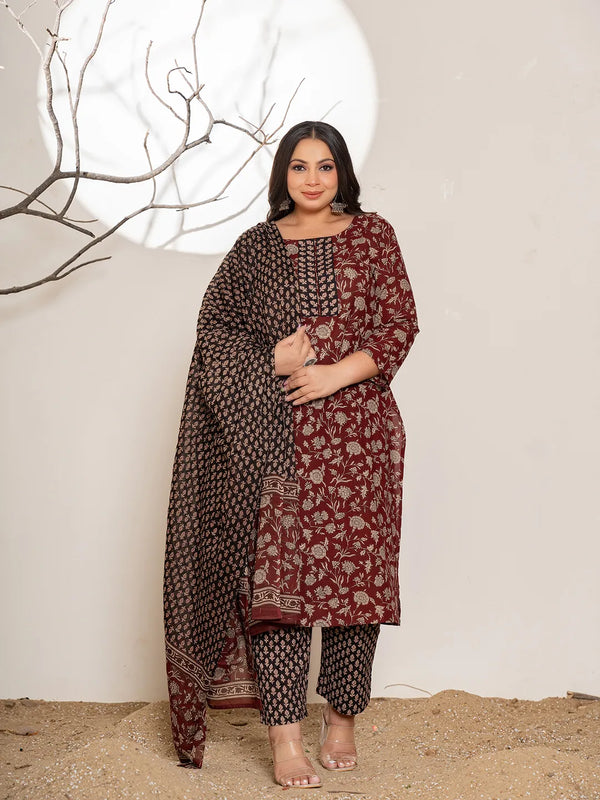 Maroon Floral Print Cotton Plus Size Kurta Dupatta Set-Indiakreations-JS6881PSKDMR3XL