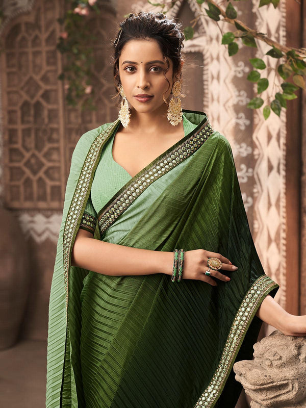 Women's Pista Chinon Crush Heavy Embroidery Saree - Odette