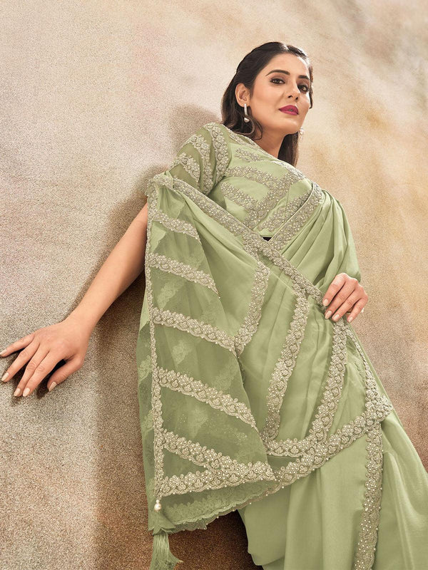 Women's Pista Designer Embroidered Saree - Odette