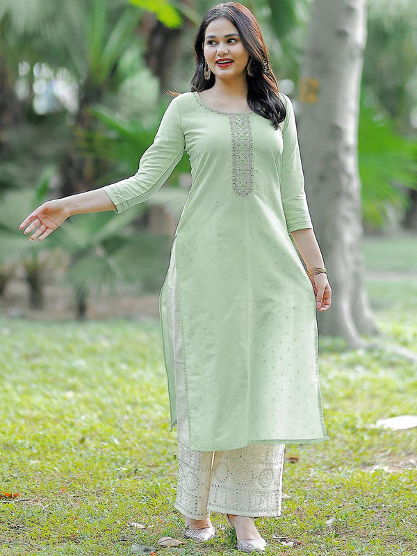 Pista Green Embroidered Chanderi Silk Straight Kurta - Jashvi