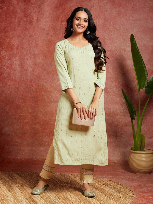 Pista Green Embroidered Rayon Straight Kurta - Jashvi