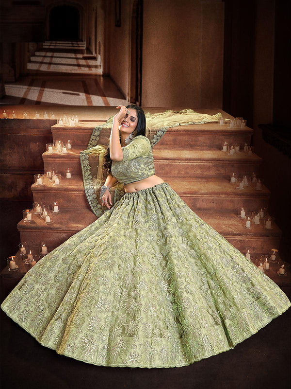 Women's Pista Green Georgette Thread Jari Sequind Embroidery Lehenga - Odette