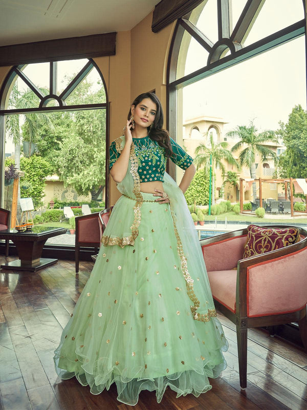 Women's Pista Green Heavy Net Designer Lehenga Choli - Odette