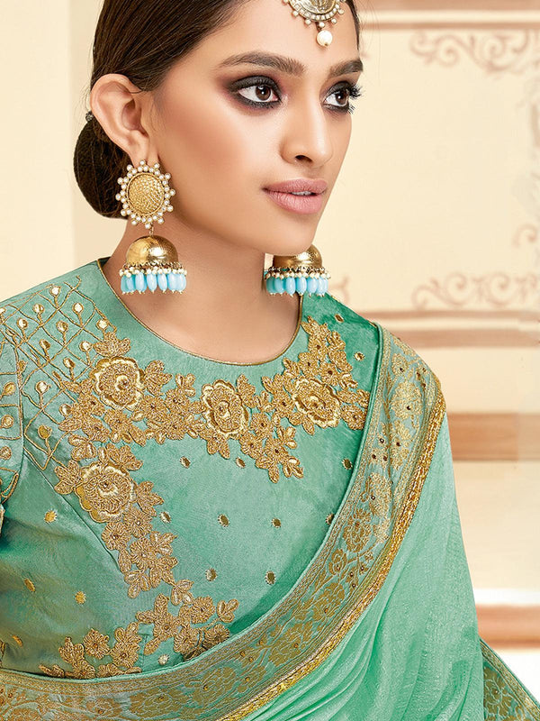 Women's Pista Green Silk Designer Saree With Blouse - Odette