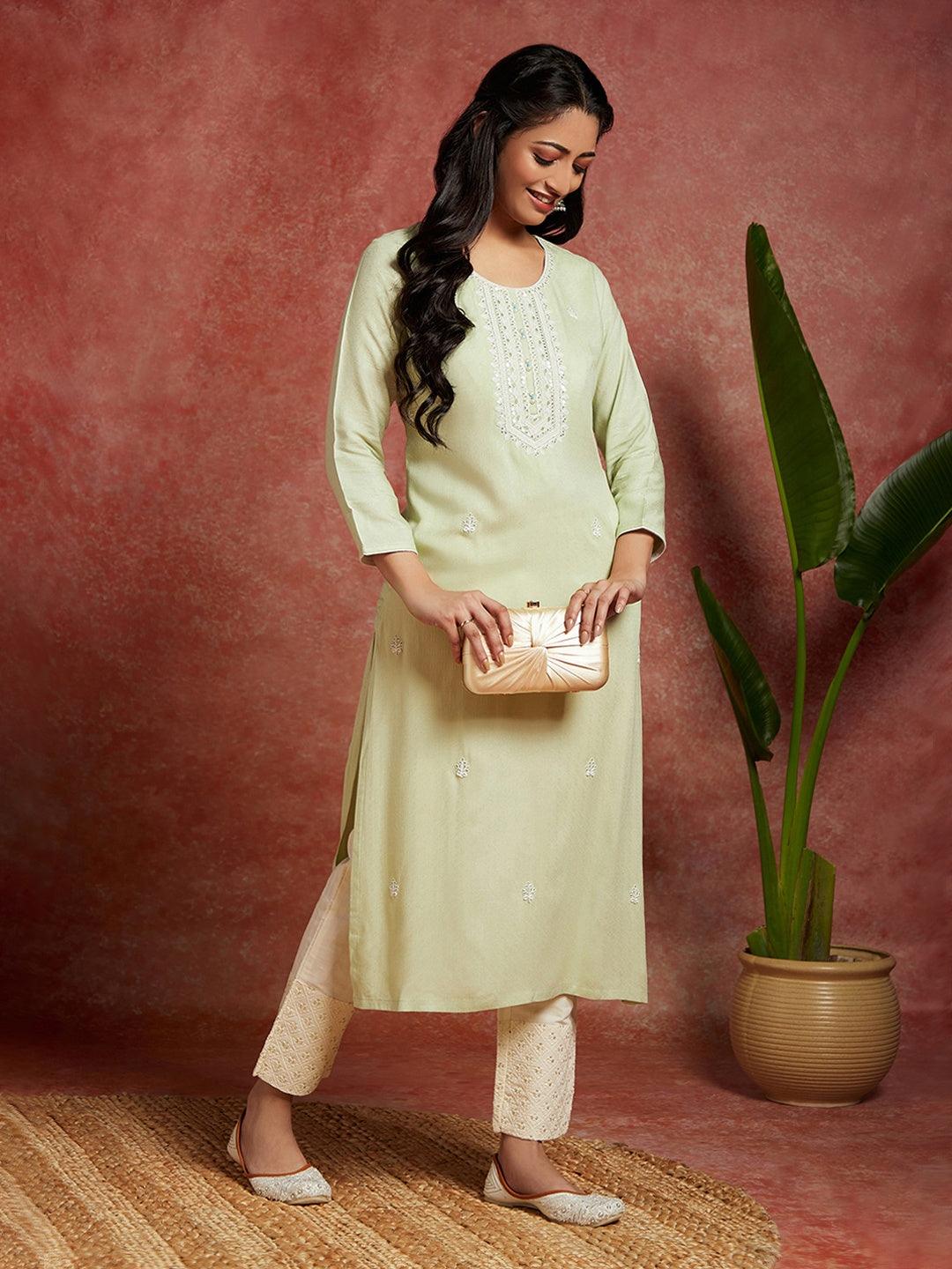 Pista Green Woven Design Rayon Straight Kurta - Jashvi