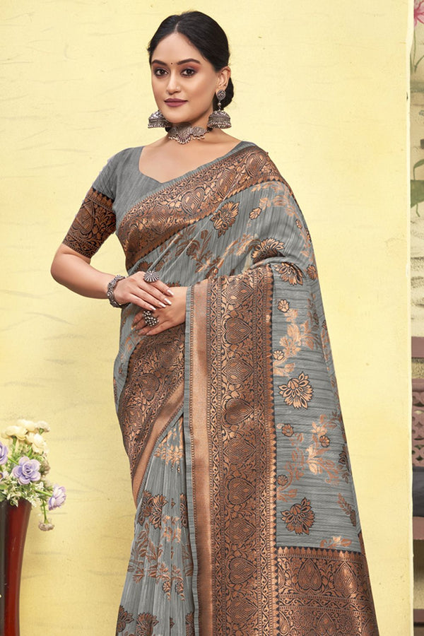 Women's Grey Cotton Woven Zari Work Traditional Tassle Saree - Sangam Prints