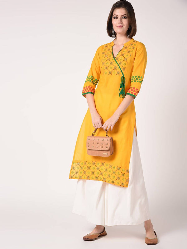 Women's Mustard & White Hand Block Print Straight Kurta With Palazzo - Cheera