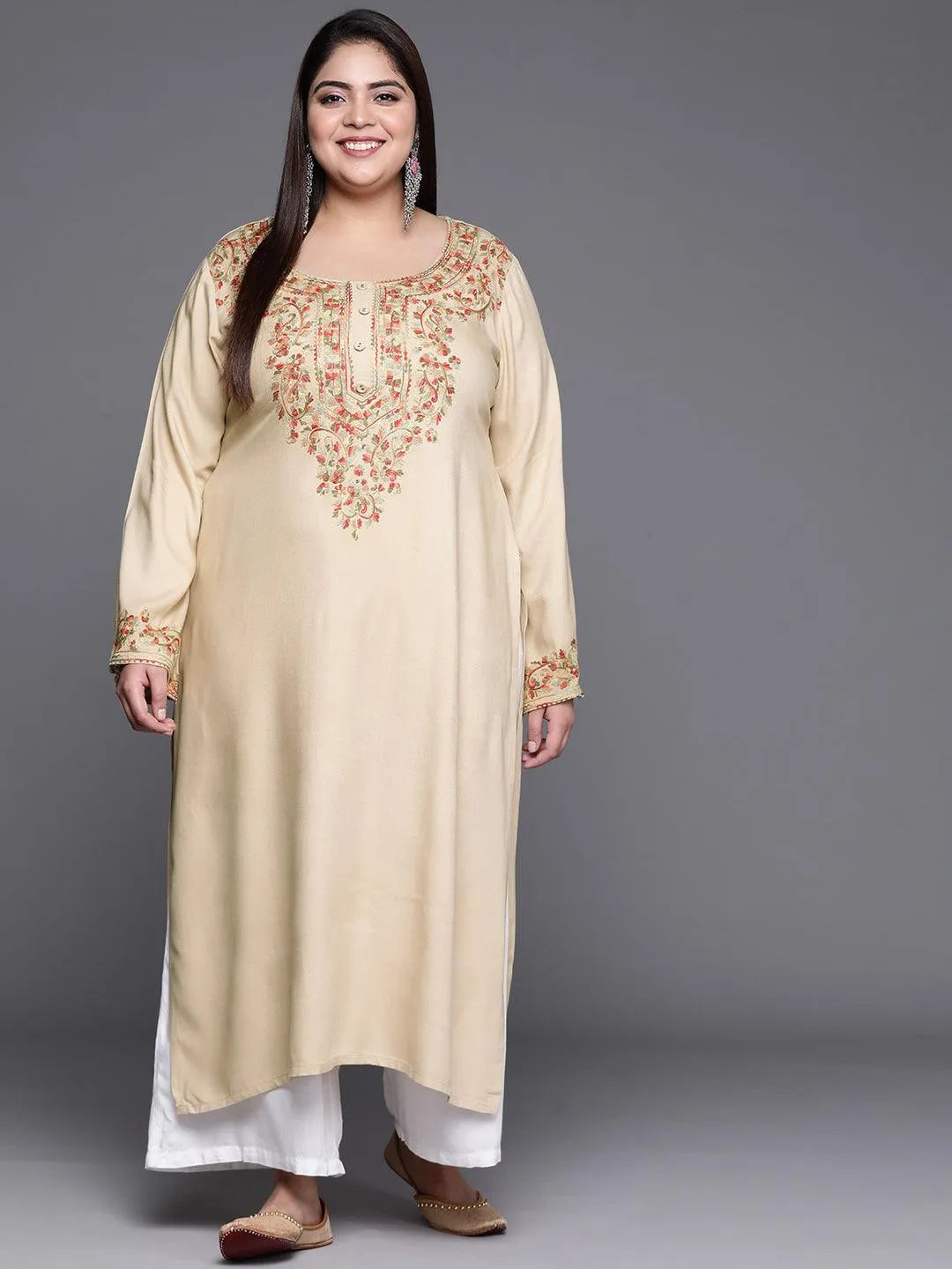 Plus Size Beige Embroidered Wool Kurta - Jashvi