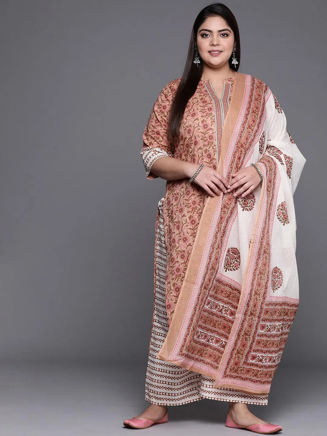 Plus Size Beige Printed Cotton Suit Set - Jashvi