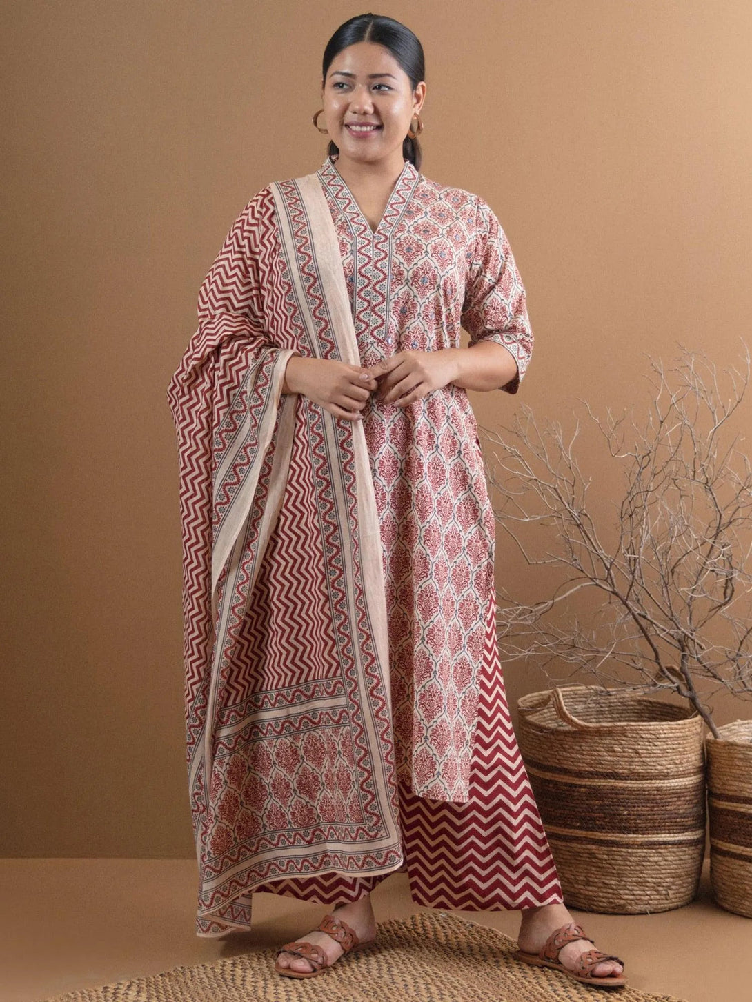 Plus Size Beige Printed Cotton Suit Set - Jashvi