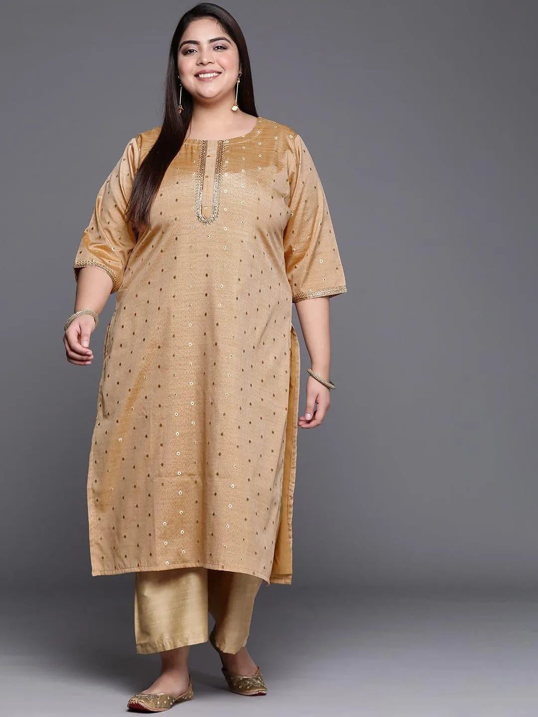 Plus Size Beige Self Design Chanderi Silk Straight Kurta - Jashvi