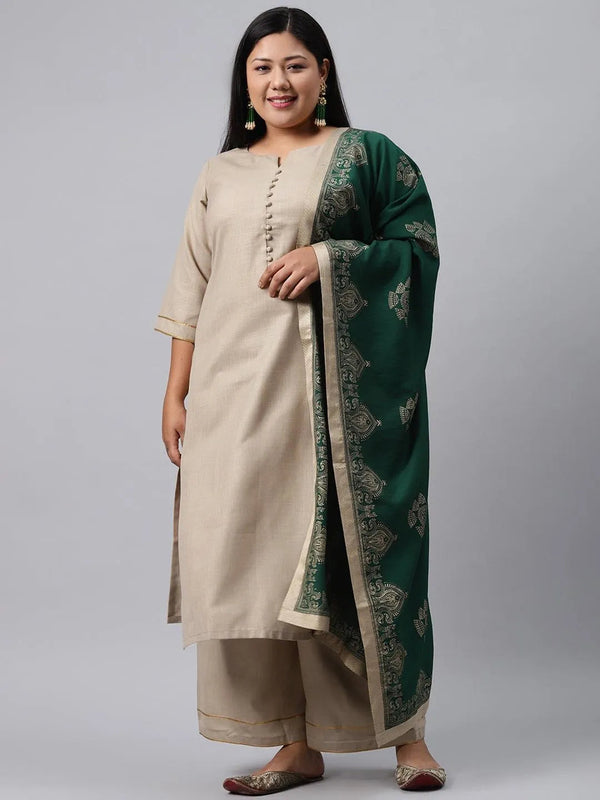 Plus Size Beige Solid Cotton Suit Set - Jashvi