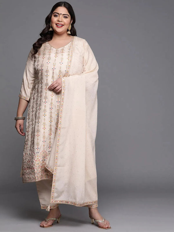 Plus Size Beige Woven Design Silk Blend Suit Set - Jashvi