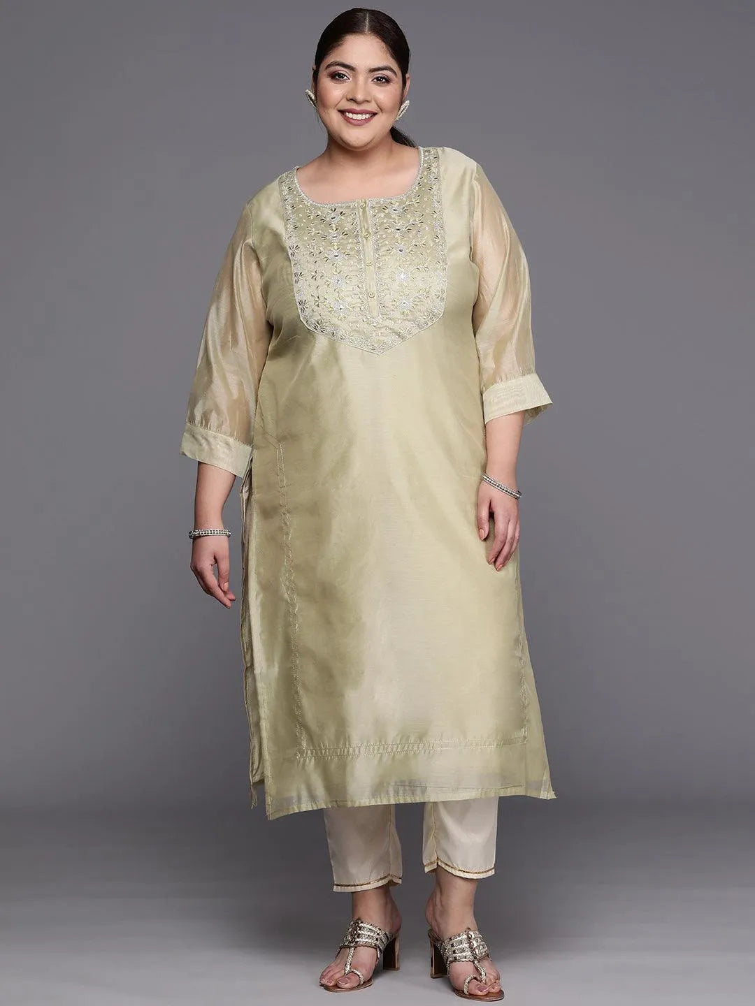 Plus Size Beige Yoke Design Chanderi Cotton Straight Kurta - Jashvi