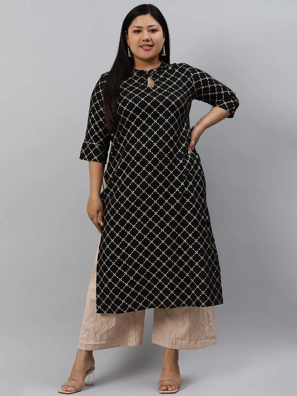 Plus Size Black Checkered Rayon Kurta - Jashvi