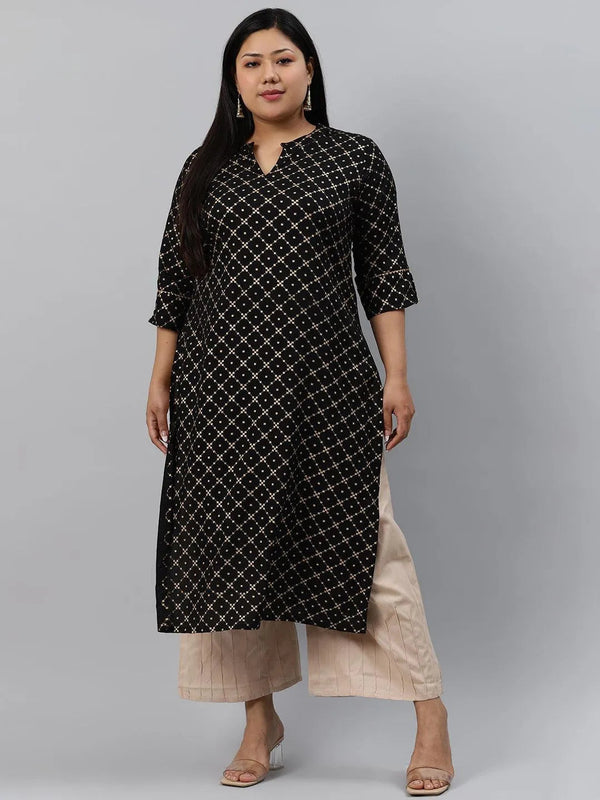 Plus Size Black Checkered Rayon Kurta - Jashvi