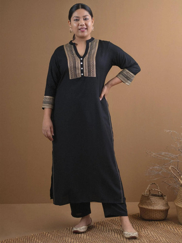 Plus Size Black Embroidered Rayon Kurta - Jashvi