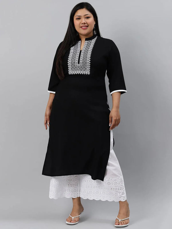 Plus Size Black Embroidered Rayon Kurta - Jashvi