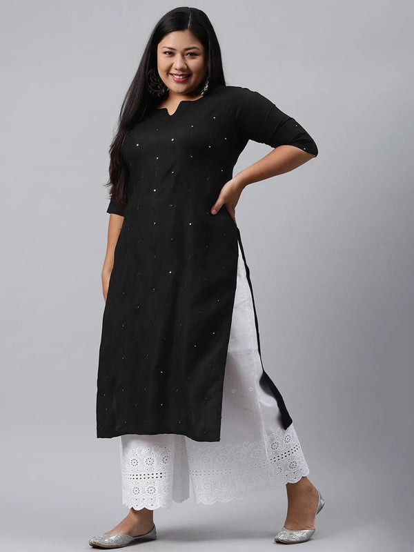 Plus Size Black Embroidered Rayon Kurta - Jashvi