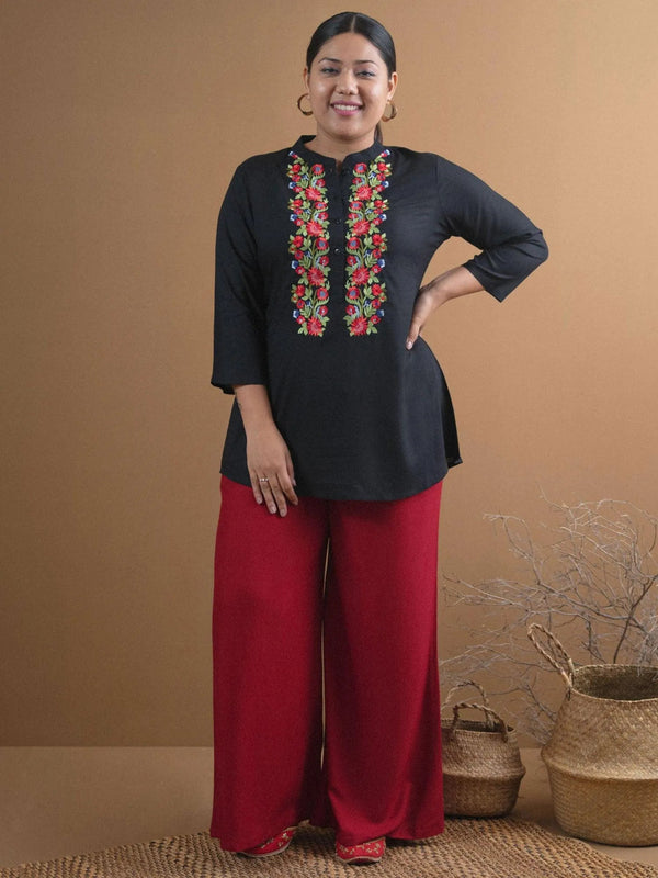 Plus Size Black Embroidered Rayon Kurti - Jashvi