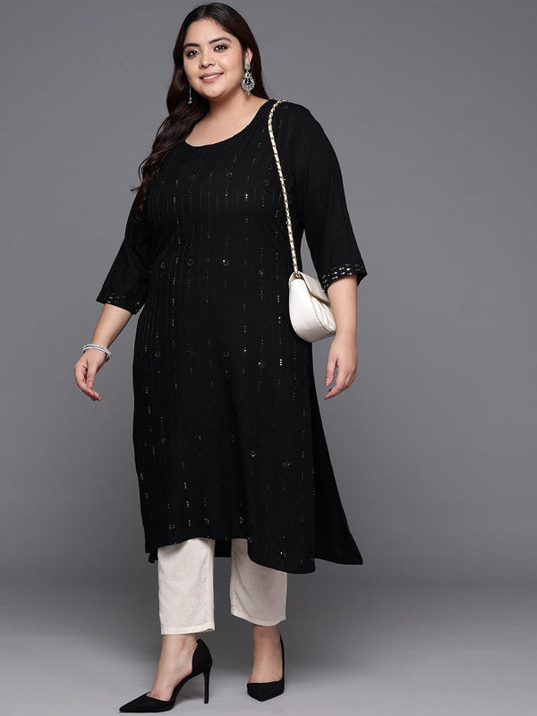 Plus Size Black Embroidered Rayon Straight Kurta - Jashvi