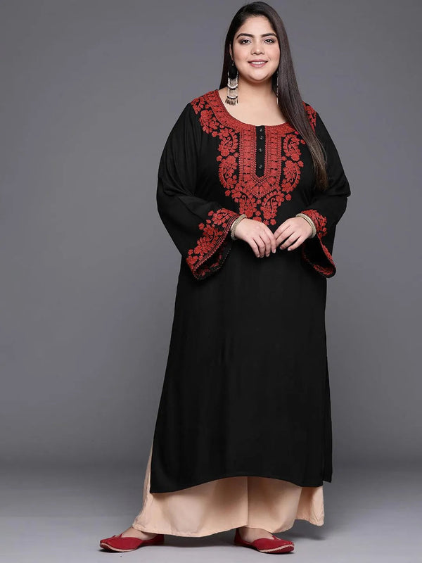 Plus Size Black Embroidered Wool Kurta - Jashvi