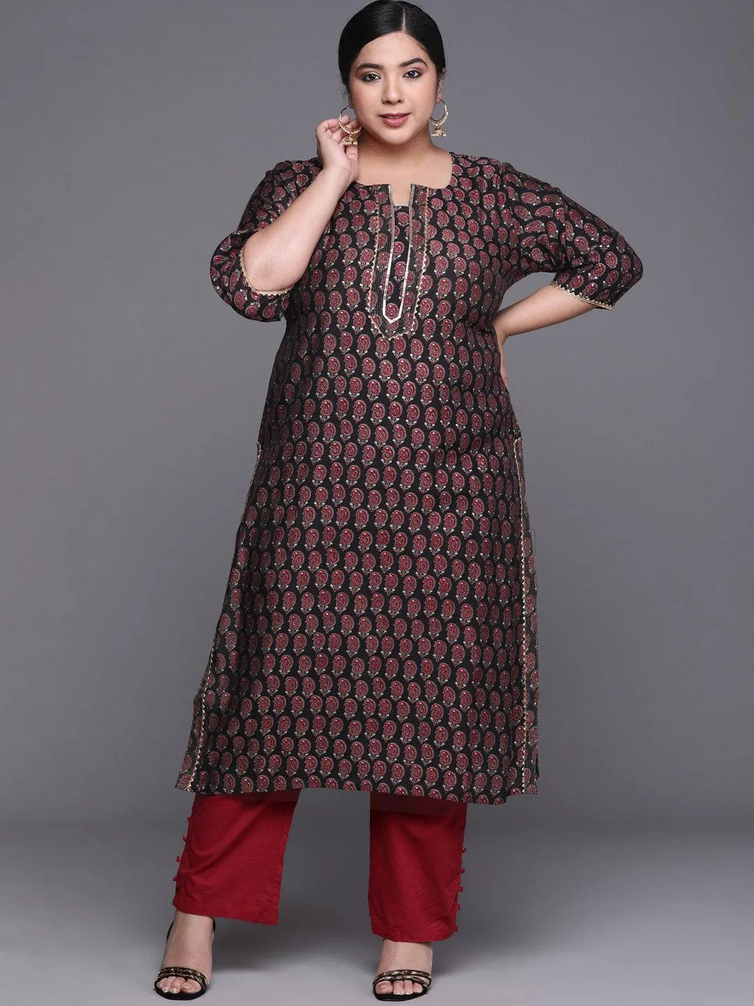 Plus Size Black Printed Chanderi Silk Kurta - Jashvi