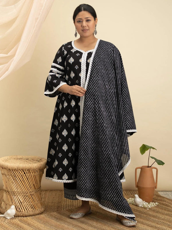 Plus Size Black Printed Cotton Suit Set - Jashvi