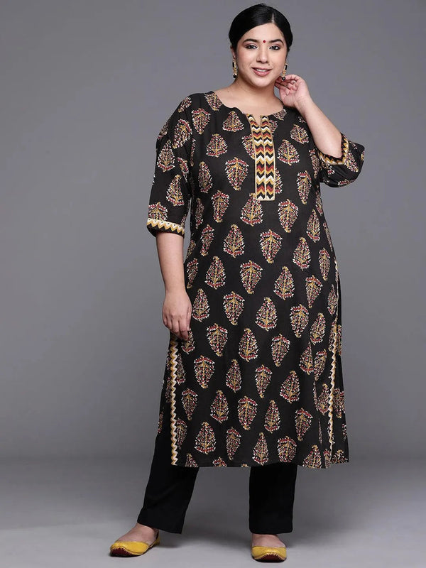 Plus Size Black Printed Cotton Kurta - Jashvi