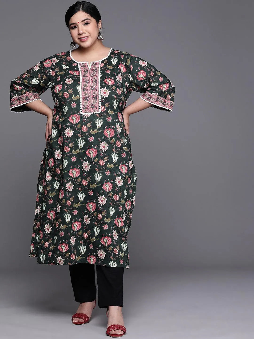 Plus Size Black Printed Cotton Kurta - Jashvi